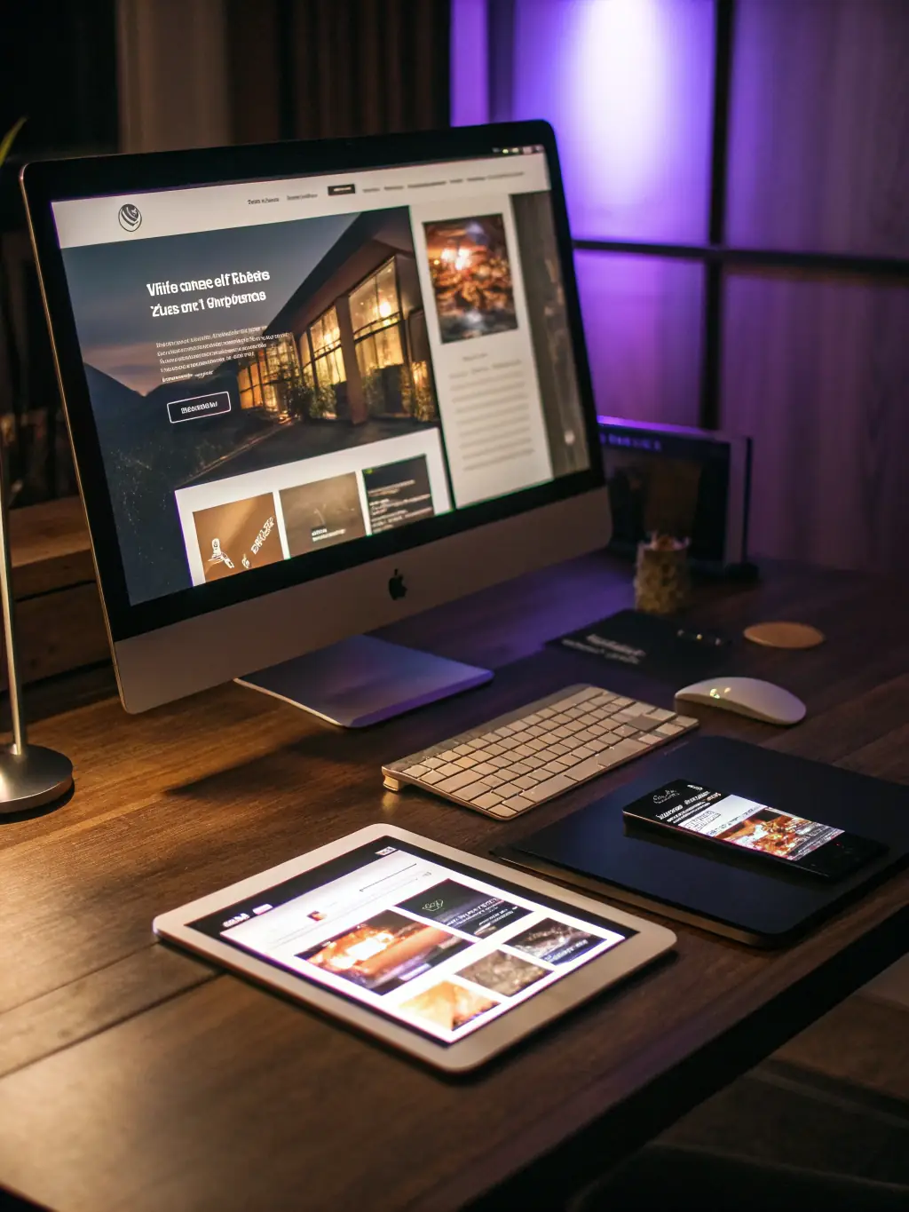 A mockup of a responsive website design displayed across various devices (desktop, tablet, and smartphone), showcasing adaptability.