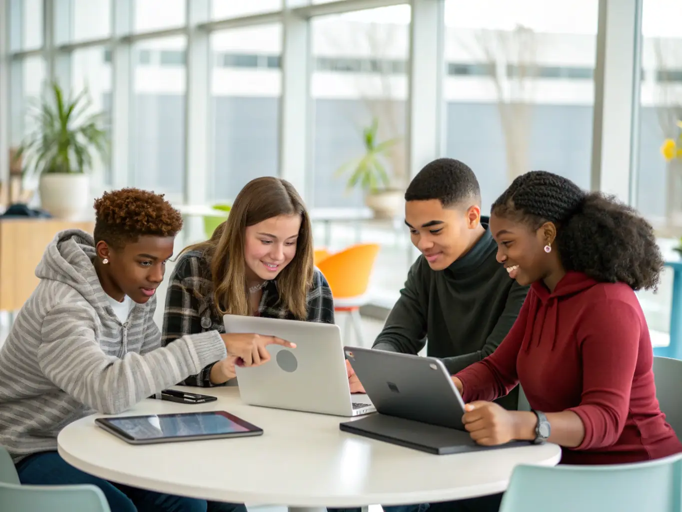 A diverse group of students are collaborating on a web design project, using laptops and tablets, in a modern, collaborative workspace, emphasizing teamwork and diverse perspectives.