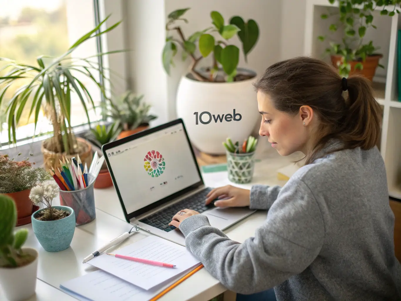 A student is proudly showcasing a website they designed using WordPress, with a satisfied expression, highlighting the practical application of the course and the achievement of creating a functional website.